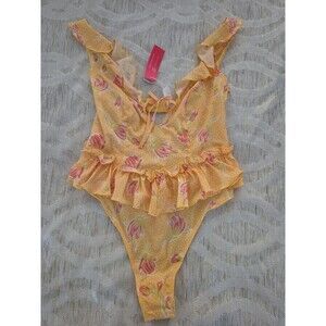 MENTIONABLES x Karlie Rae Lang Teddy Bodysuit Size Medium Yellow Floral Ruffle